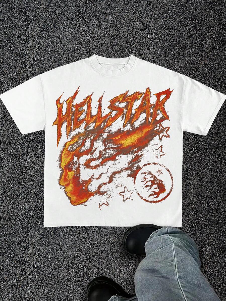 Flame Face Combined With Stars Creative All-Matching Street Print Pattern Personality Design(220g Cotton T-Shirt) 100% Cotton Fabric-Simple And Versatile Round Neck Breathable Short Sleeve, Summer Men's Shirt, Breathable Cotton, Suitable For Outdoor Leisure Activities. - 白色 - 查看 1