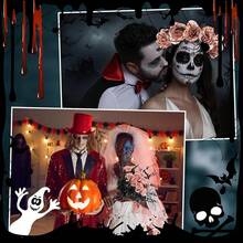 20 Pcs Black, Purple, Red Artificial Roses And 28 Black Eucalyptus Stems Halloween, Silk Flowers With Bendable Stems, Gothic Wedding Bouquet, Haunted House Decor - Blood White - View 6