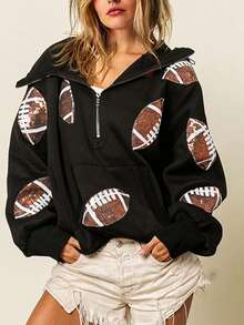 Womens Game Day Sweatshirts Football Sequin Hoodies Tailgate Outfits Long Sleeve Zipper Sweaters With Pocket - 黑色 - 查看 4