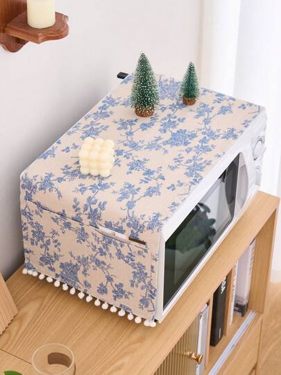 1pc Blue & White Rose Print Microwave Dust Cover, Multifunctional Kitchen Appliance Cover, Oven Anti-Oil Cloth, Suitable For Kitchen & Home Decor
