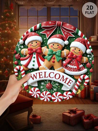 1 pieza Cartel de bienvenida con diseño de hombre de jengibre, tema navideño de bienvenida, adorno de árbol de Navidad, diseño de impresión plana 2D, cartel colgante y placa decorativa de madera. Adecuado para decoración del hogar, restaurante, bar, fachada de tienda, cafetería.