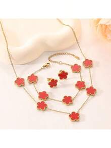 18K Stainless Steel 5-Bead Jewelry Set: Earrings, Bracelet, Necklace, Non-Fading, Women Accessories - Flower - View 4