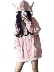 Women Cute Shark Hoodie Long Sleeve Blue Kawaii Animal Shark Shape Hooded Pullover Sweatshirts - 粉色 - 查看 1
