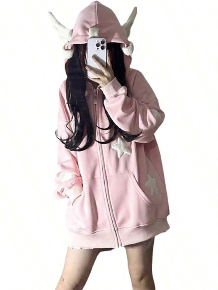 Women Cute Shark Hoodie Long Sleeve Blue Kawaii Animal Shark Shape Hooded Pullover Sweatshirts - 粉色 - 查看 1