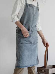 1pc Korean Style Thick Cotton Canvas Denim Apron, Anti-Stain Household Kitchen Work Uniform Bib, Barista Apron - Multicolor - View 3