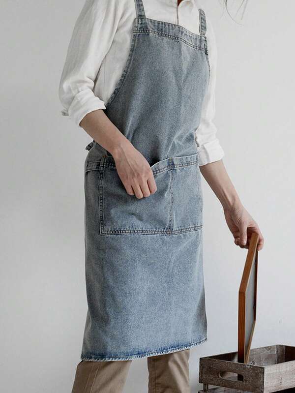 1pc Korean Style Thick Cotton Canvas Denim Apron, Anti-Stain Household Kitchen Work Uniform Bib, Barista Apron