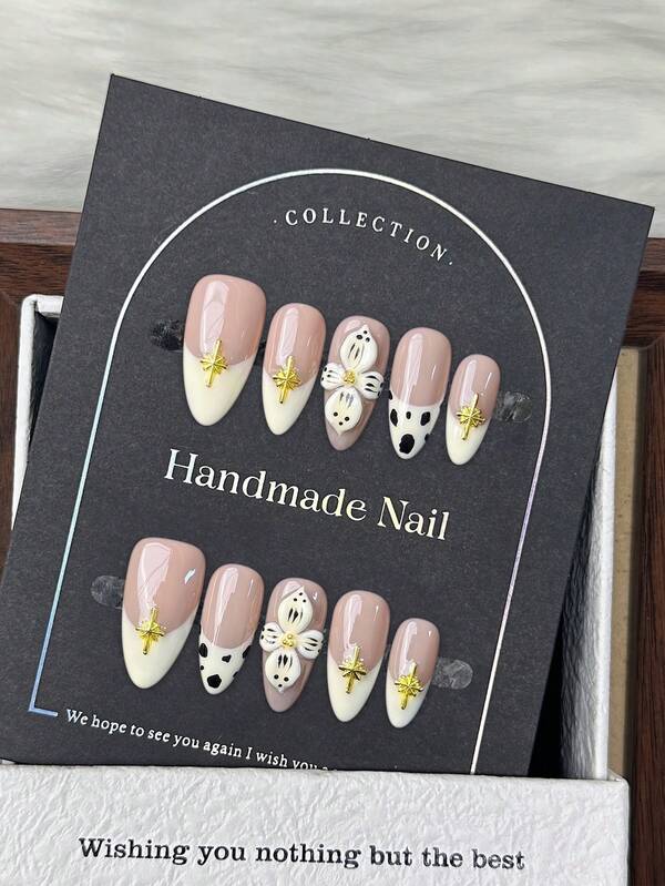 10 peças de unhas postiças artesanais amêndoa médias, ponta francesa bege nude com cruz dourada e flor 3D, design de leopardo, unhas postiças brilhantes com cobertura total, com cola gelatinosa e lixa, unhas de festa da moda para mulheres