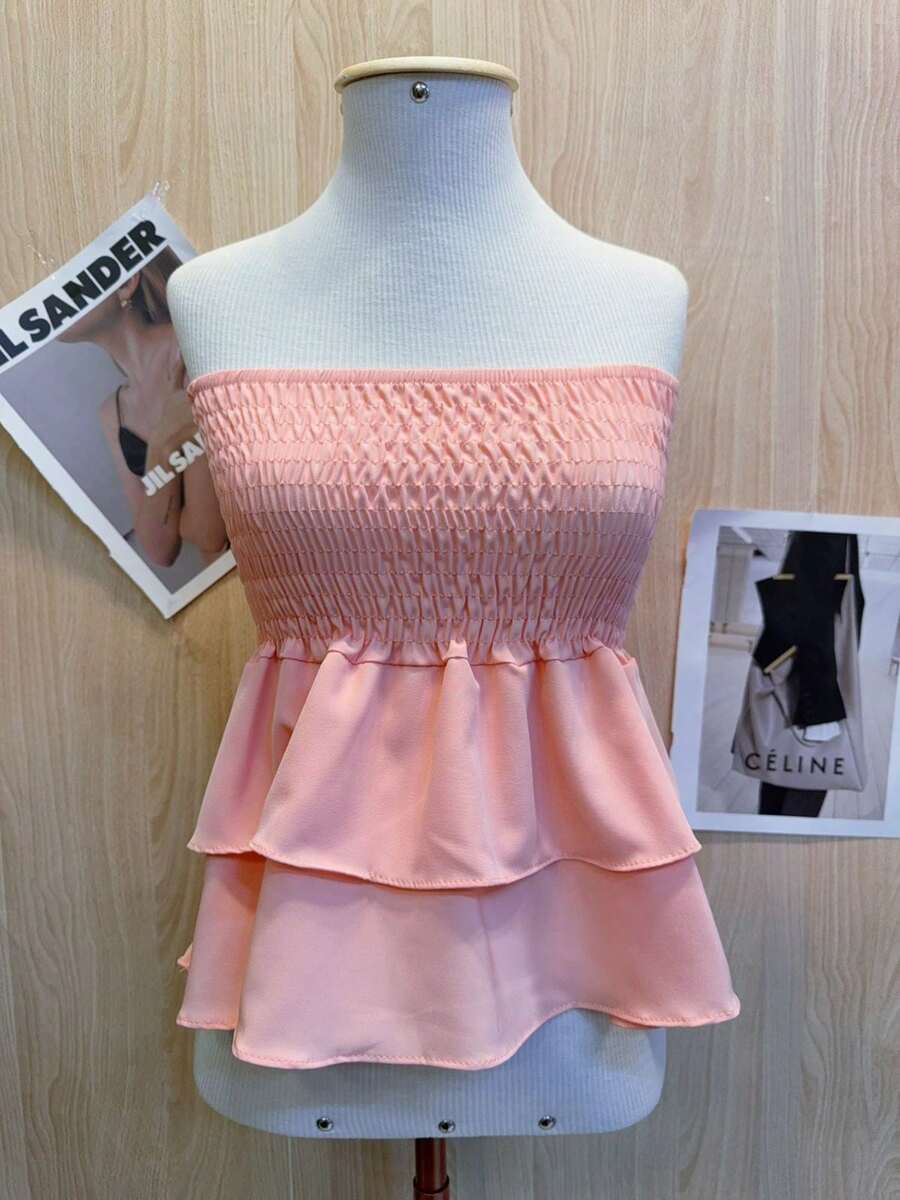 Cropped Elastic Blouse With Ruffle - 粉色 - 查看 1