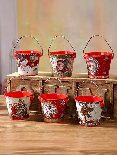 1pc圣诞创意多功能收纳桶圣诞造雪手提桶雪人装饰桶派对装饰收纳铁桶