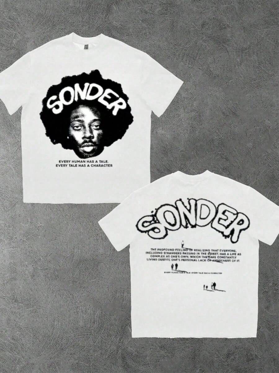 Sonder Graphic Tee With Afro Hair And Inspirational Quote,220g Cotton Crew Neck Double-Sided Printed T-Shirt For Summer - 白色 - 查看 1