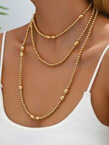 1pc Autumn/Winter New Middle Eastern Style Beaded Necklace, Fashionable & Elegant Exaggerated Metallic Geometric Shapes, Golden Round & Oval Beads Long Sweater Chain, Wrap Around Multi-Layer, Versatile For Daily, Street Style, Holidays, Gift For Friends