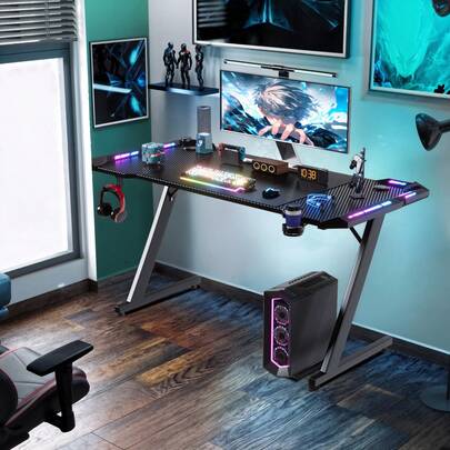  DEVOKO Gaming Desk With LED Armor, 120/140/160cm RGB Computer Desk With Carbon Fiber And Z Frame Design Gaming PC Desk With Head Phone Hook For E-Sport Gamer Table, Easy Assemble Home Office Desk