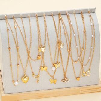 10 件时尚简约珍珠、蝴蝶、心形项链套装，适合日常佩戴
