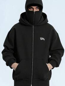 Y2K Street Double Hat Oversized Hoodie Black Full Face Mask Zip Hoodie With Embroidery - màu đen - Xem 2