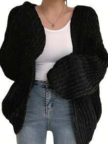 大码女式休闲宽松针织开衫毛衣，优雅纯色大码开襟长袖毛衣外套，适合日常穿着，秋冬黑色 - 黑色 - 查看 2