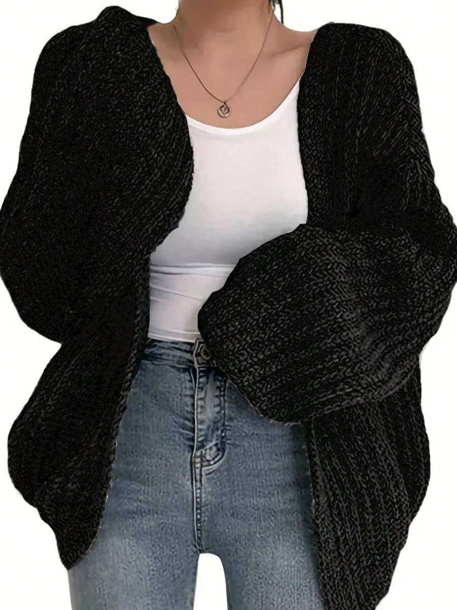 大码女式休闲宽松针织开衫毛衣，优雅纯色大码开襟长袖毛衣外套，适合日常穿着，秋冬黑色