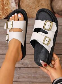 全新大码女式坡跟厚底凉鞋，时尚百搭简约风格，舒适柔软纯色脚背包覆女式坡跟厚底凉鞋