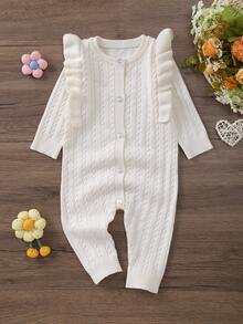 Infant Ruffle Hem Simple Long Sleeve Knit Jumpsuit, Soft And Comfortable Fabric - White - View 1