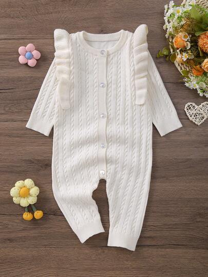 Infant Ruffle Hem Simple Long Sleeve Knit Jumpsuit, Soft And Comfortable Fabric