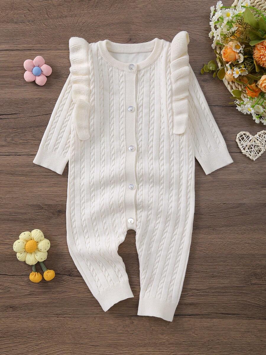 Infant Ruffle Hem Simple Long Sleeve Knit Jumpsuit, Soft And Comfortable Fabric - White - View 1