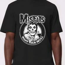 MISFITS WANT YOUR SKULL Fingers. Misfits Want Your Skull Fingers Pattern T Black Cotton T-Shirt For Men And Women, Simple Design Suitable For Four Seasons Weekend Casual Wear. Men's Summer Round Neck Short Sleeved Casual Cotton Print Loose Round Neck Short Sleeve T-Shirt - 黑色 - 查看 1