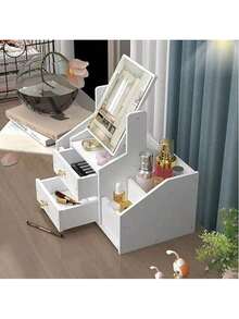 Swivel Dormitory Dresser, Student Dormitory Dresser With Makeup Mirror, Small Makeup Storage Table, Desktop Storage HD Makeup Mirror, Large Capacity Multi-Layer Organizer, Suitable For Home, School. - 白色方鏡 - 查看 2