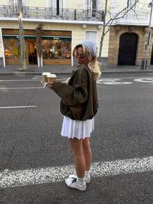 Camellia Casual Versatile Suede-Effect Bomber Jacket For Women, Spring/Autumn - Army Green - View 6