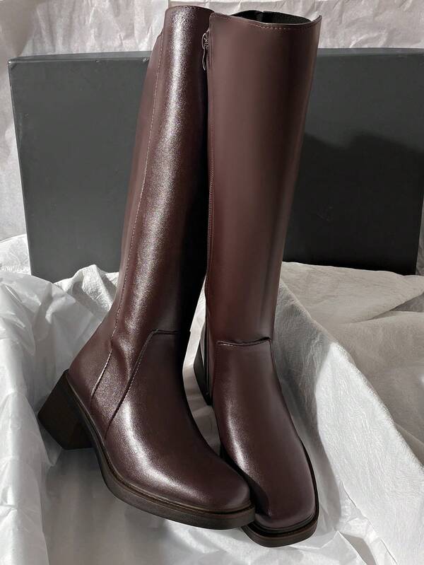 2025秋冬新款中跟仿皮过膝靴，简约摩托骑行风格，百搭女士高筒靴