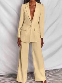 2pcs Women Solid Color Long Sleeve Blazer Jacket And Pants Suit Set - Khaki - View 2