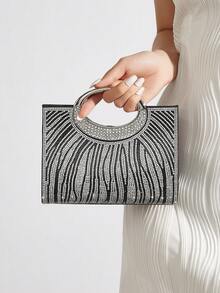 AIBBYDAR Women's Evening Bag, Black Fashion Ladies Handbag With Artificial Diamond Decor, Ring Handle, Suitable For Evening Dress, Portable Cosmetic Bag & Wallet, Detachable Metal Shoulder Strap, For Party, Wedding, Lightweight Polyester, Magnetic Closure - Black - View 2