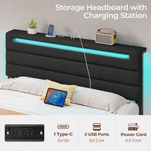 GREENSTELL Modern Platform Bed Frame, Twin/Full/King/Queen Size Bed Frame * Upholstered Headboards, With LED Lights & USB Charging Station, Easy Assembly, Bedroom Decor - 黑色 - 查看 2