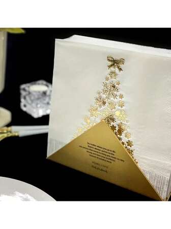16pcs Christmas Tree Gold Foil Napkins - Home & Dining Holiday Decor, 13x13 Inches, Elegant Snowflake Design With Gold Bow Accents, Suitable For Christmas Celebrations And Party Supplies