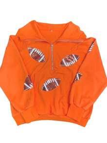 Womens Game Day Sweatshirts Football Sequin Hoodies Tailgate Outfits Long Sleeve Zipper Sweaters With Pocket - 橘色 - 查看 4