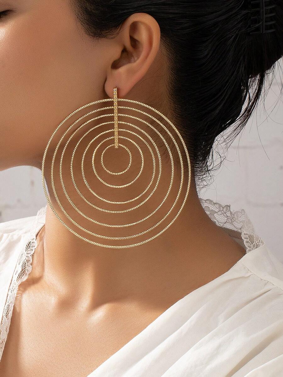 1 Pair Women's Multi-Layer Big Round Hoop Earrings, Gorgeous Floral Shaped Exaggerated Earrings, Suitable For Daily Wear, Gift, Festival - Gun Black - View 1