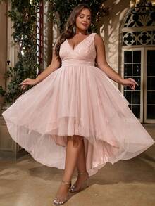 大碼深V領高低下擺網紗洋裝 - 藕粉色 - 查看 4