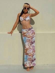 Women's Two Piece Maxi Skirt Sets Summer Beach Sexy Ruched Backless Pearls Chain Decor Crop Top And Cut Out Skirt - màu nâu - Xem 2