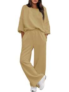 Fisoew Women Two Piece Lounge Set Casual 34 Sleeve Tunic Top And Wide Leg Pants Cozy Fall Outfits Y2K Matching Sets Soft Travel Loungewear Breathable Jogger Suit - Light Brown - 查看 2