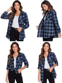 Women's Long Roll Up Sleeve Cotton Flannels Plaid Shirts Classic Fit Button Down Shirt Blouses With Pockets