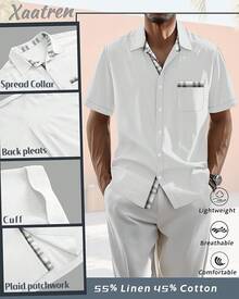 Men's Big And Tall Linen Shirts, Button Down Short Sleeve Summer Shirt Casual Cotton Beach Vacation Tops With Pockethalloween - 白色 - 查看 3
