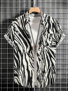 Men's Hawaiian Zebra Print Shirt Button Up Short Sleeve Collar Animal Print Shirt Tops Cheetah Print Topshalloween - Cheetah Brown - Xem 3