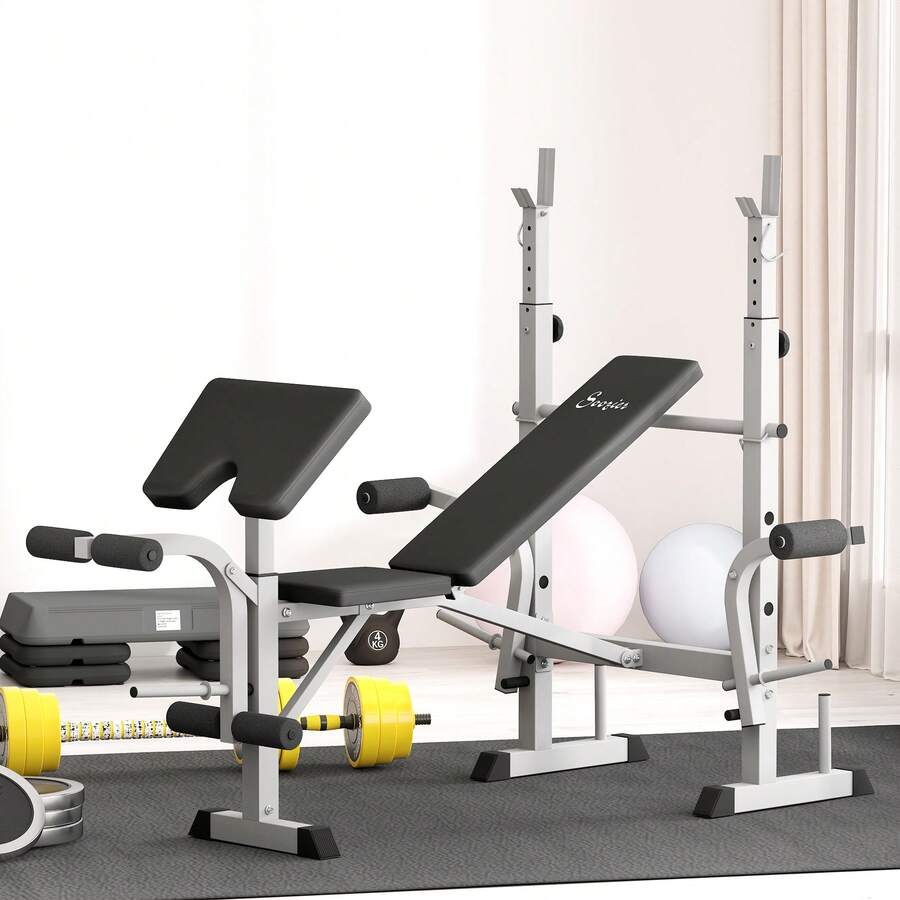 HOMCOM Adjustable Weight Bench With Squat Rack, Heavy Duty Bench Press Rack With Preacher Curl Pad, Leg Developer, Barbell Rack, Butterfly, Home Gym Strength Training Multiuse Workout Bench, Grey - Grey - View 1