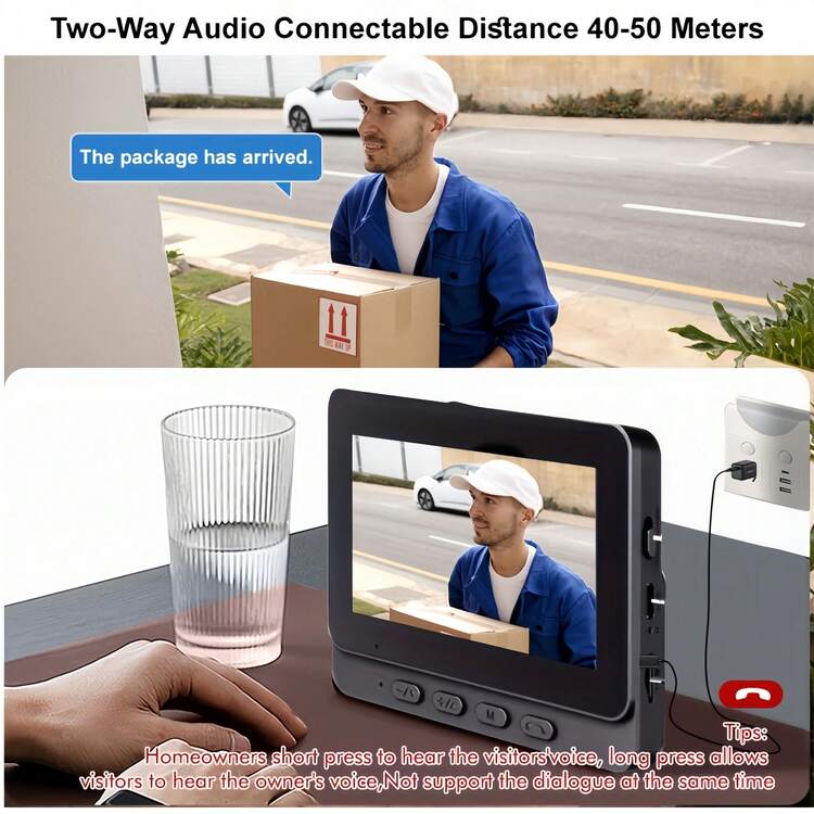 170°广角智能视频门铃 - 4.3英寸1080P高清显示屏，带夜视和双向语音功能，适用于家庭监控，无需订阅、无需应用程序、无需WiFi（请在使用前充满电并仔细阅读使用说明书） - 彩色 - 查看 3