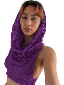 Women Knitted Hoodie Sweater Vest Sleeveless Hollow Out Hooded Crop Top Streetwear Rave Oufit - 紫色 - 查看 1
