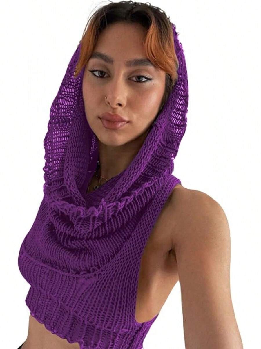 Women Knitted Hoodie Sweater Vest Sleeveless Hollow Out Hooded Crop Top Streetwear Rave Oufit - 紫色 - 查看 1
