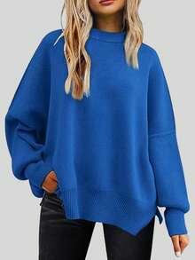 Women's Plus Size Crew Neck Dropped Shoulder Long Sleeve Loose Knit Sweater, Autumn/Winter - Blue - View 1
