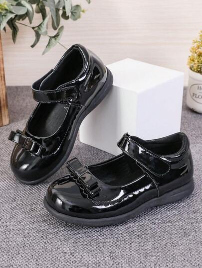 1双优雅纯色荷叶边蝴蝶结装饰圆头魔术贴平底鞋，女童款，适合春秋季穿着