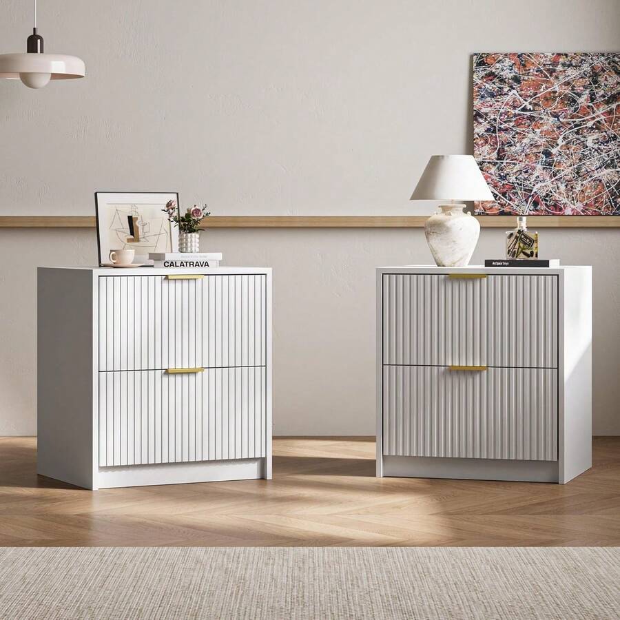 BVFUKA Set Of 2 Fluted Nightstand With 2 Drawers, Modern Storage Bedside Table With Golden Metal Handles, Wooden End Table For Bedroom, Living Room, White - trắng - Xem 1