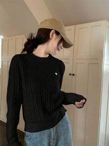 Korean Style Elegant Textured Crew Neck Sweater For Women, Long Sleeve Embroidered Pullover - Black - View 4