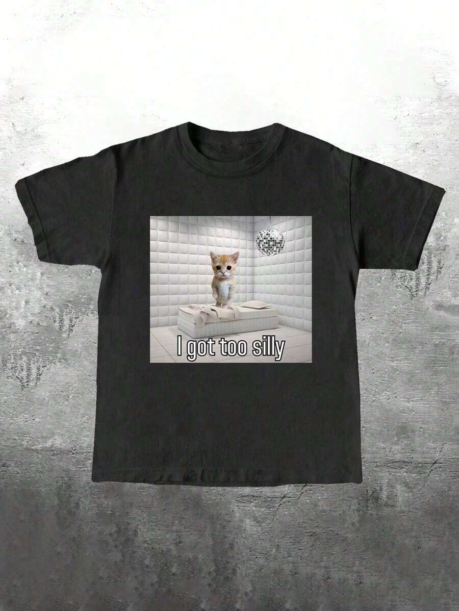 INAWLY Camiseta de manga corta con gráfico de gato llorón gracioso y triste, camiseta informal y deportiva de verano para mujer - Negro - Ver 1