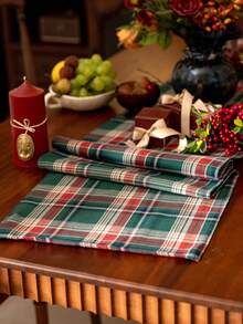 1pc Red & Green Plaid Printed Christmas Table Runner, Christmas Party Decor Table Runner, Suitable For Winter Christmas Party Gathering Home Table Decoration - Green - View 7